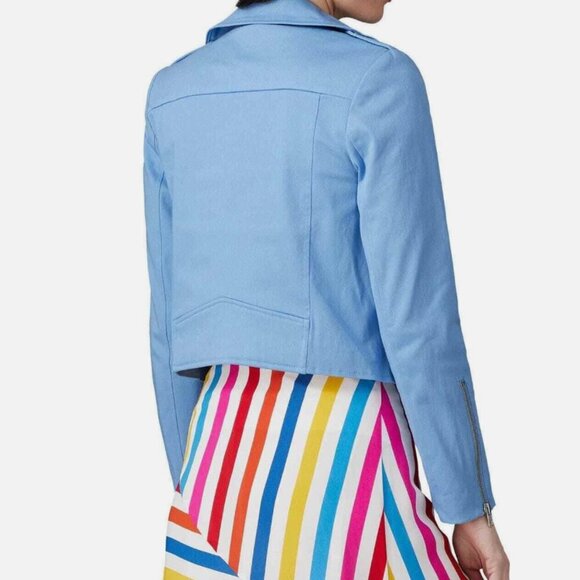 Color Me Courtney Dennis Blue Canvas Crop Biker Moto Jacket Size 2 - Picture 3 of 13